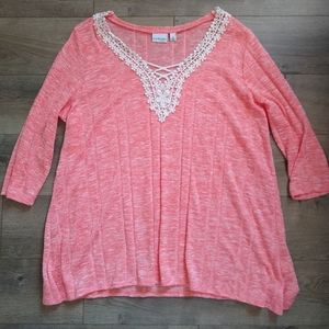 Kim Rogers Woman Lightweight Sweater with Cotton Lace V Neck 1X.